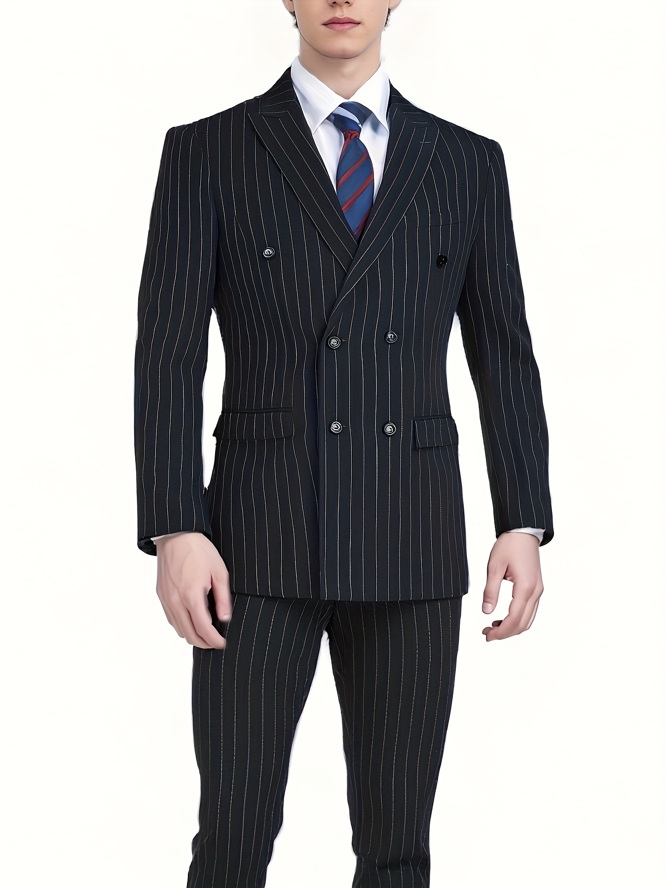 スーツ remake stripe design double set up  suit ZHOUYOPINPAI 2 Piece Striped Suit Mens Black Suits Double