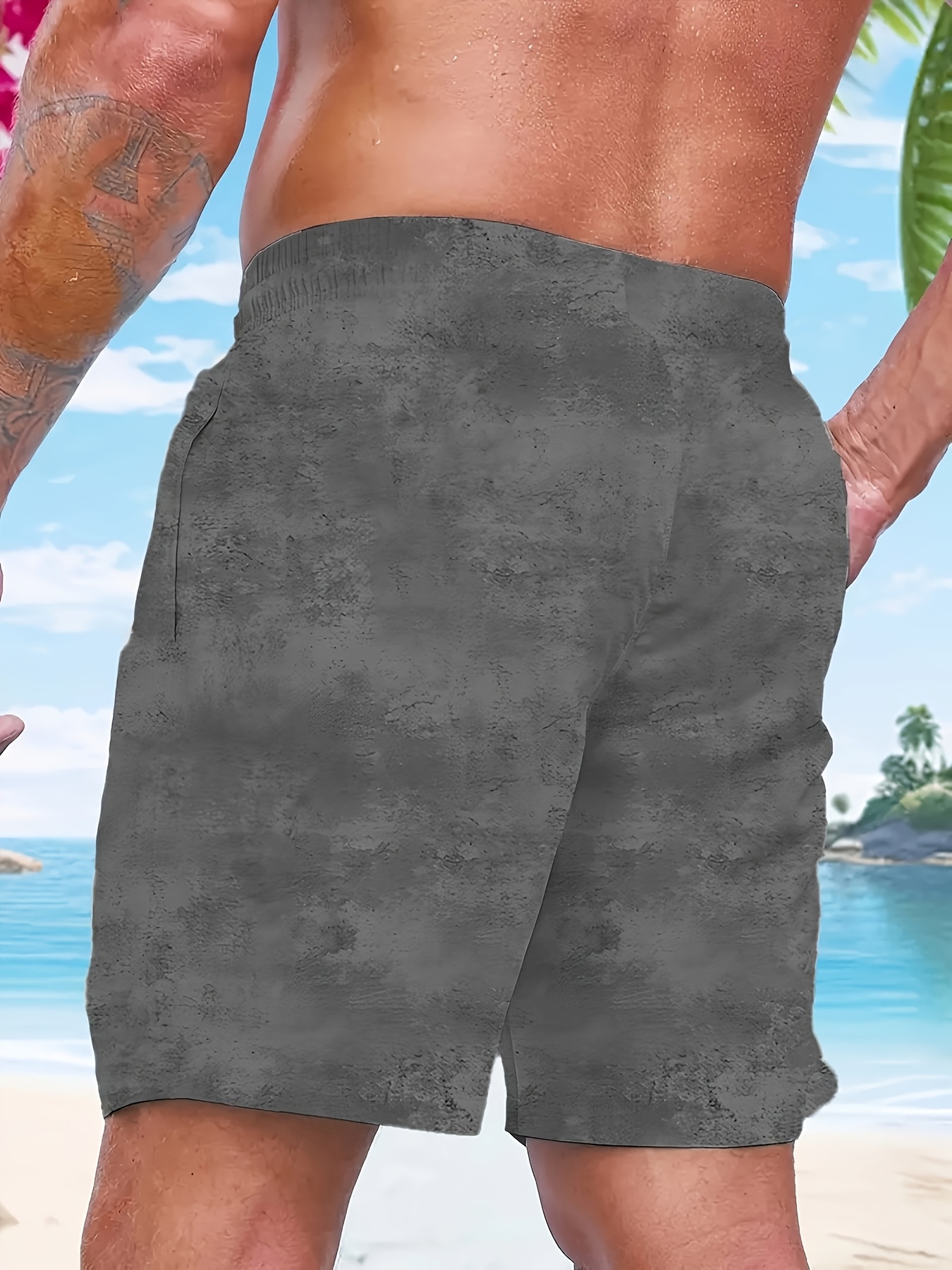 Men's Skull & Ship Print Beach Shorts - Lightweight Quick-Dry Polyester Swim Trunks with Adjustable Drawstring Waist, Regular Fit Casual Swimwear for Surfing, Pool & Summer Adventures (Khaki/Charcoal), Bathing Suits, PLUS SIZE