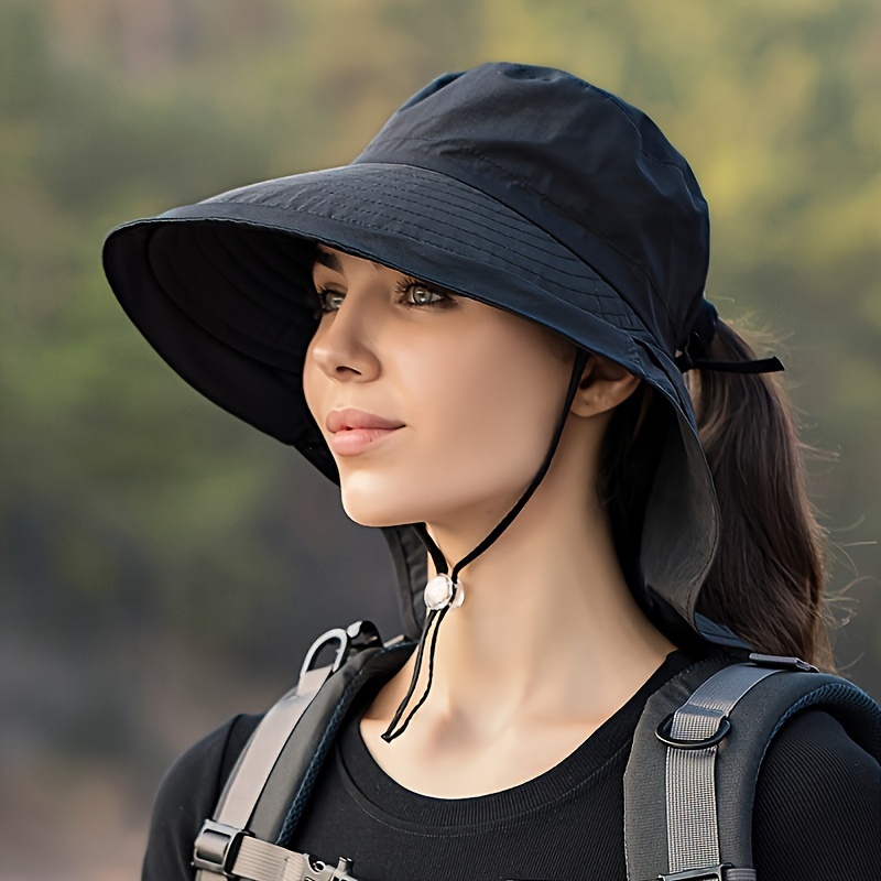 Women Ponytail Bucket Hat Neck Flap Adjustable Lanyard Solid