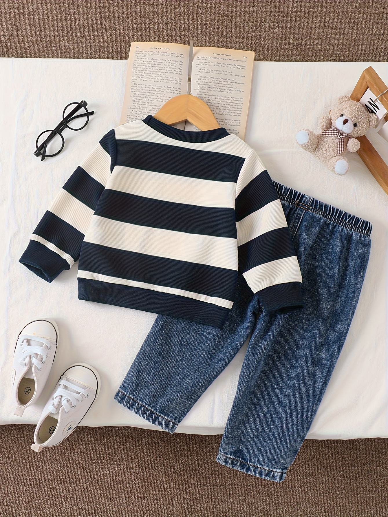 2pcs denim set with striped long sleeves cute 3d bear patch for adorable charm warm and comfortable soft light beige friendly fabric elastic waistband for easy on off   outdoor Product details 8