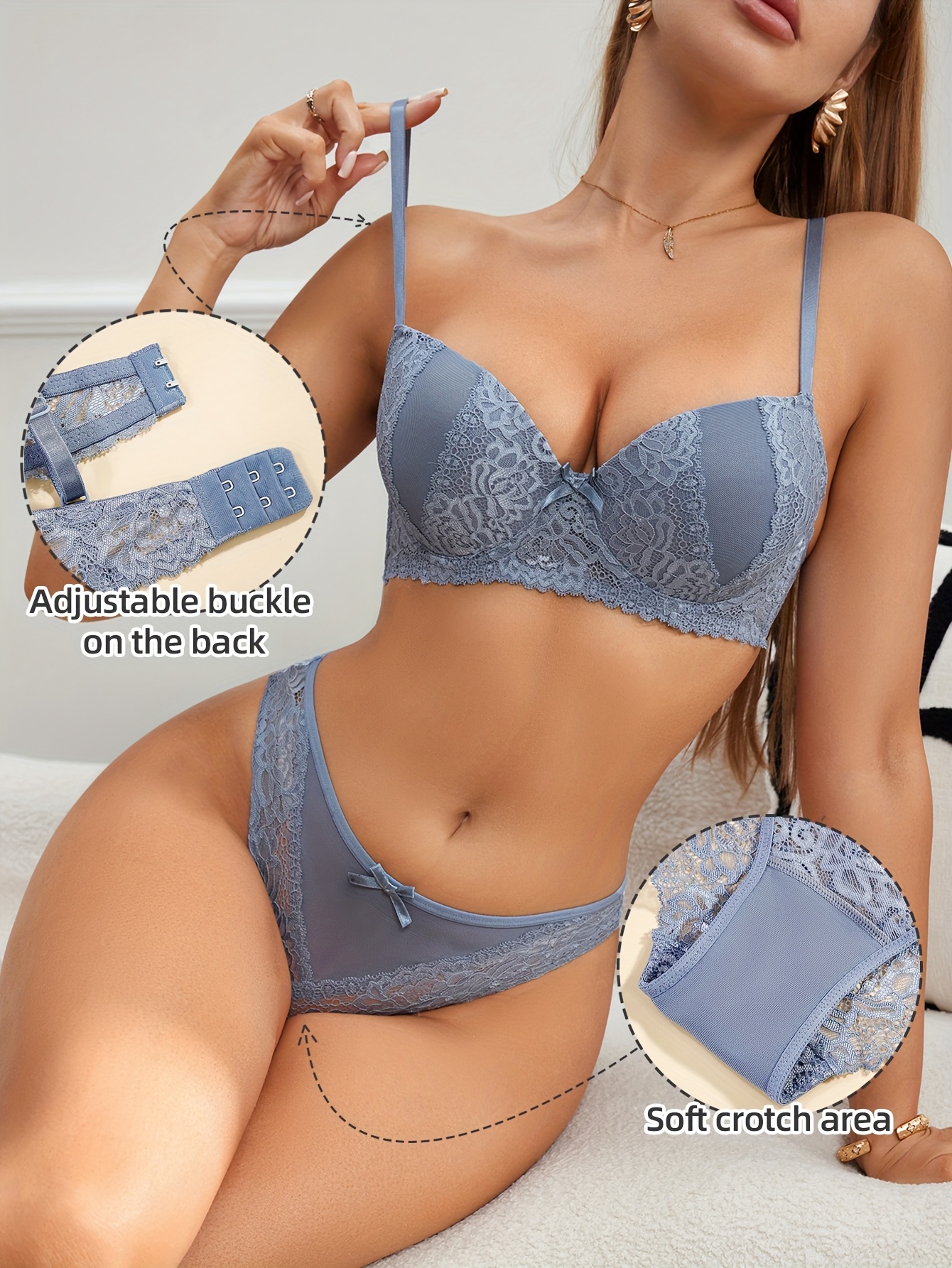 Butterfly Bow Contrast Lace Lingerie Set for Women, Deep V Gathered Underwire Bra + Low-Rise Panties, Backless Cut-Out Summer Breathable Thin