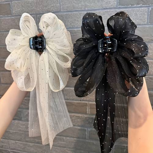 2 pack new elegant vintage high end multifunctional hair claw double layer bow clip claw womens casual hair accessory prop black and white