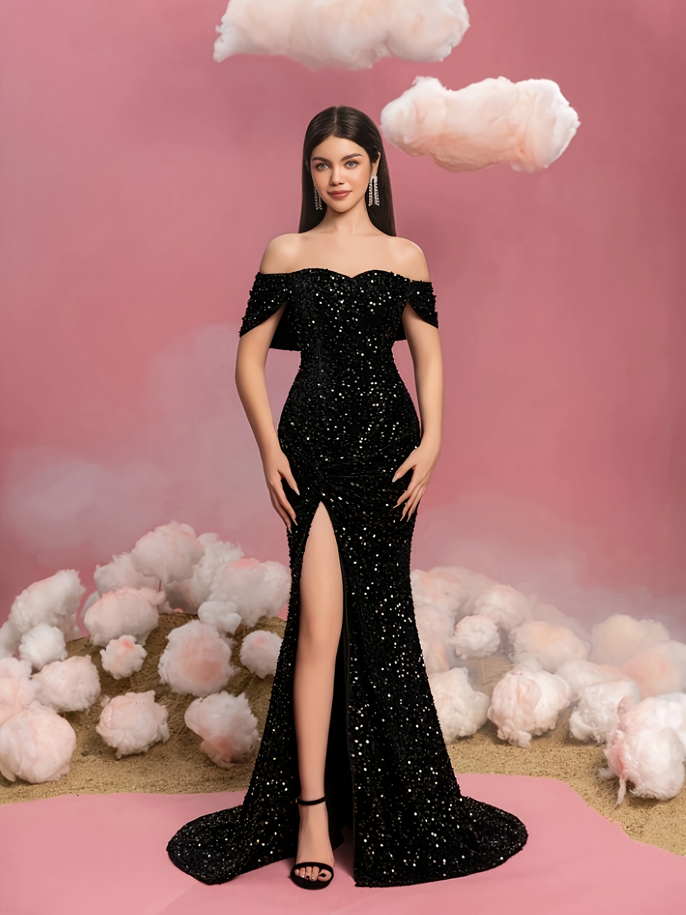 black sequin fishtail dress Adele main image 1