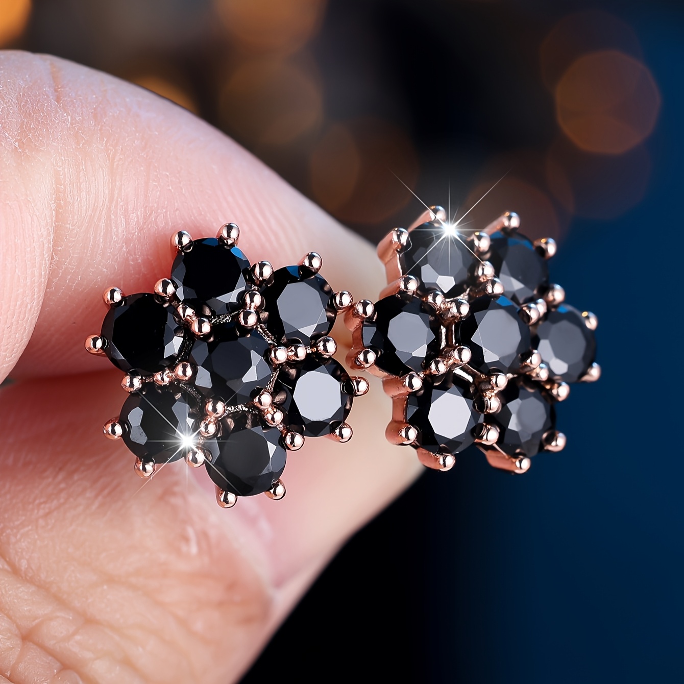 Image of Pair Of Luxurious Women's Black Flower-shaped Synthetic Zirconia Stud Earrings, Cute Rose Jewelry