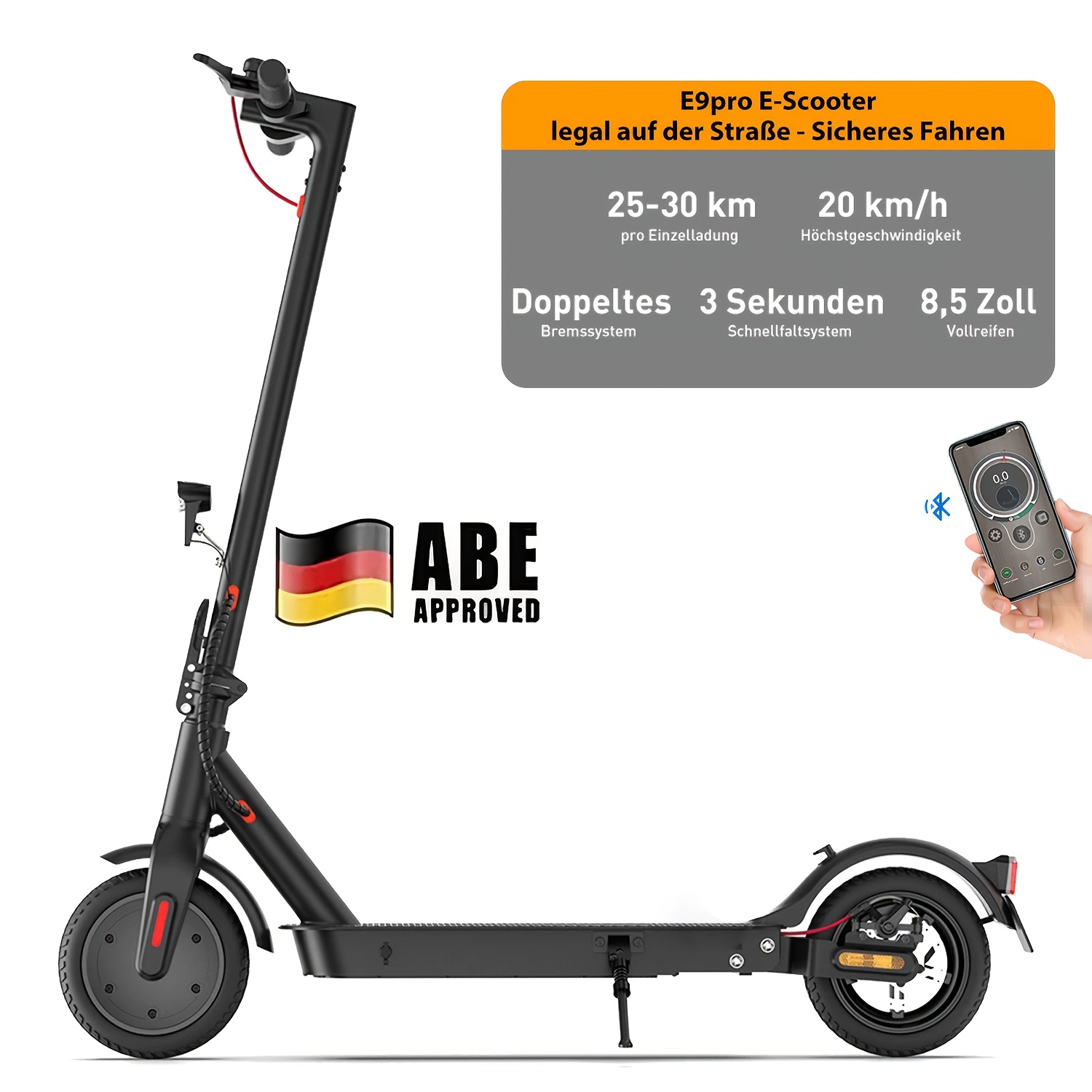 E-scooter With Road Approval, Electric Scooter With 30 Km Range, 350w Motor, 20 Km/h, 8.5-inch Solid Rubber Tires, App Connection, Led Display, Foldable Lightweight Scooter
