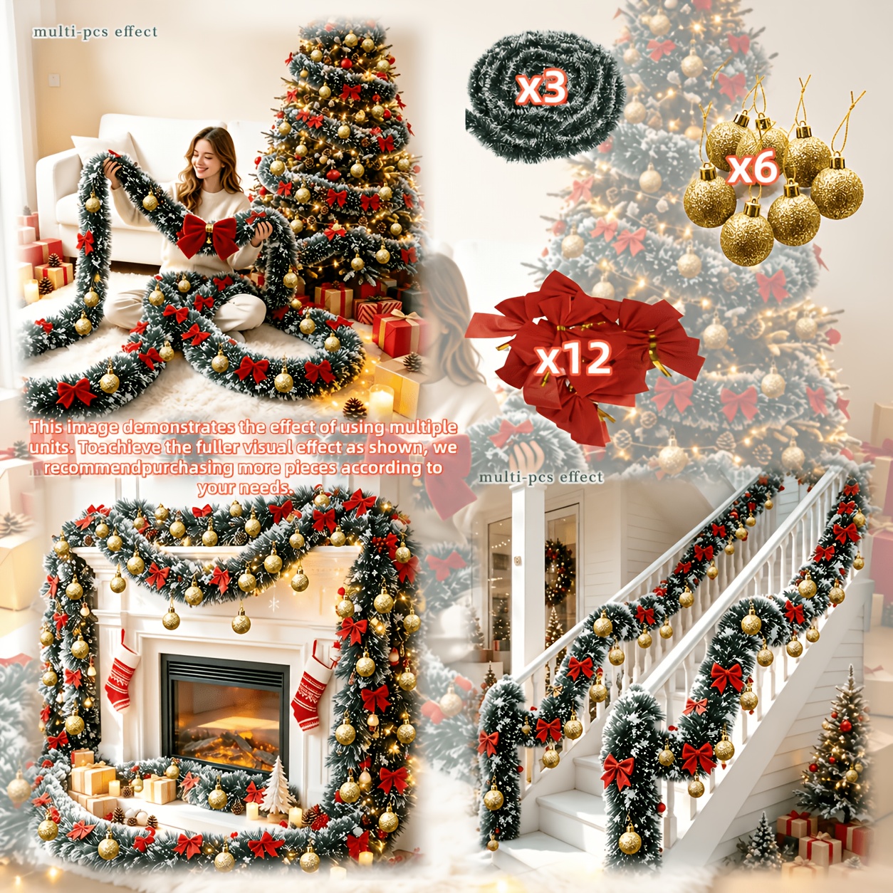TEMU Ensemble de 21 pièces, longueur totale 237,40 pouces, ruban extra-long de luxe premium réaliste avec pendentifs boules de Noël et combinaison de