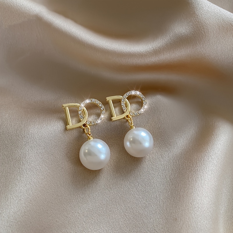 

Elegant Charm Dangle Earrings With Sparkling Letter "do" And Faux Pearl Drop - Vintage Style Accessories, Sophisticated Jewelry Gift Perfect For Women