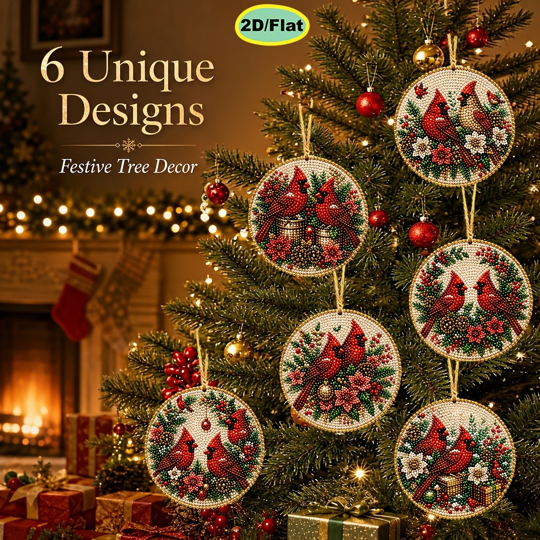 TEMU Kit de peinture diamant 6 pièces, ornement étiquette à suspendre en bois DIY perles strass cardinal nordique de Noël, style plat 2D, artisanat