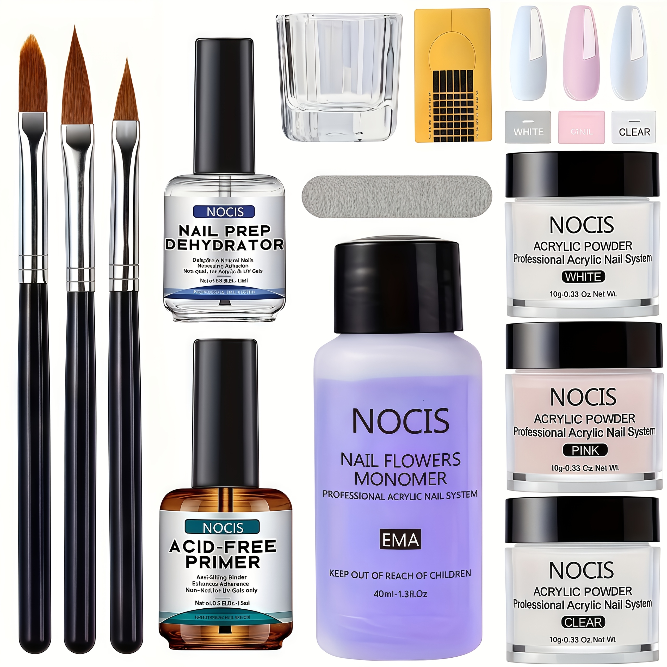 Acrylic Nail Kit For Beginners - Nail Extension, Includes 0.33oz Clear, White, Pink Powder And Liquid, Nail Brushes, Unscented, Salon-quality Home Manicure Tools