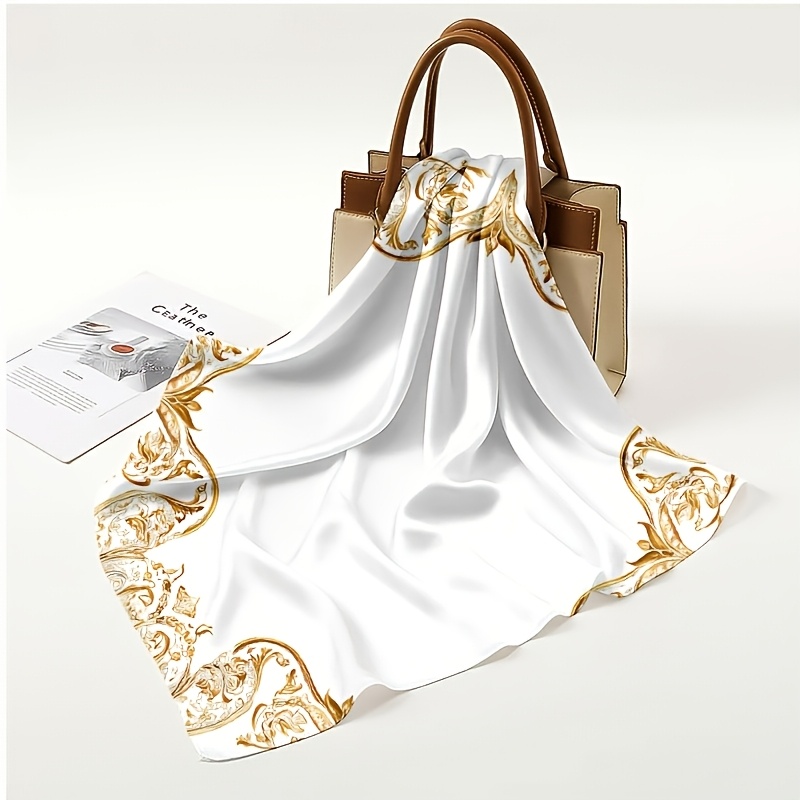 Retro Golden Baroque Scrollwork Pattern Square Scarf, Lightweight