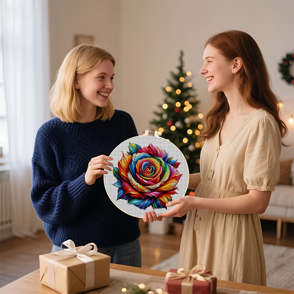 Round Cross Stitch Printed Kit with Hoop, "Rainbow-Colored Artistic Rose" Pattern
