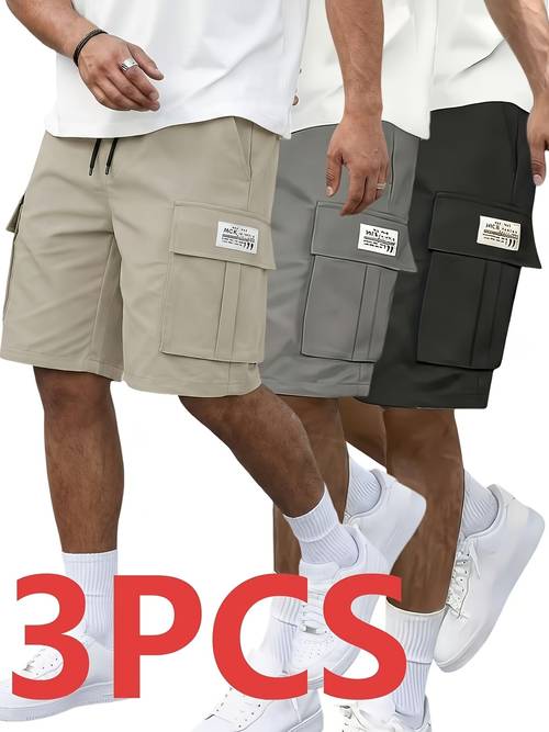 3 pc mens cargo shorts solid color camouflage series casual athletic shorts multi pocket adjustable waist black gray khaki outdoor travel