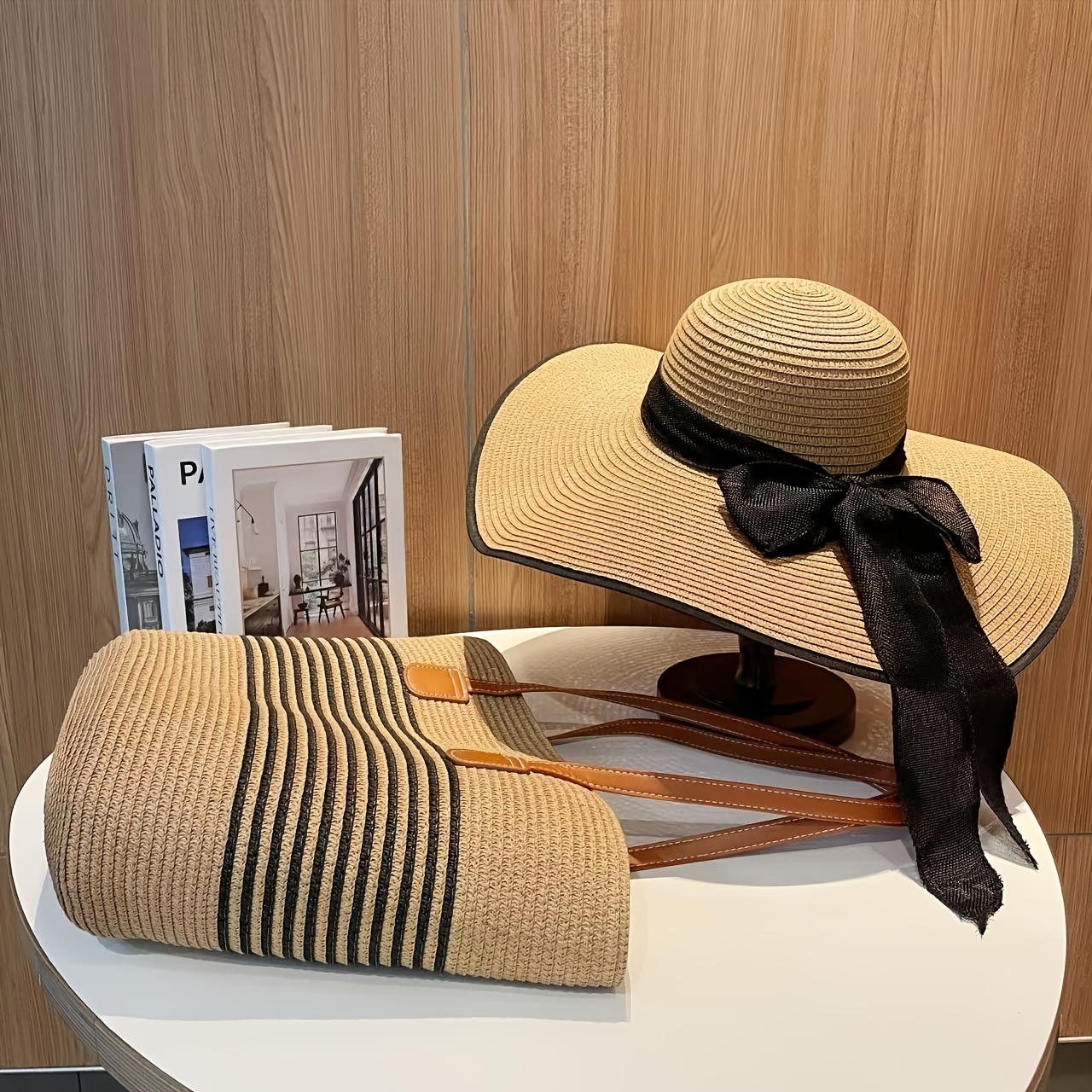 TEMU 2pcs Hat And Bag Two-piece Set, Super Large Brim Straw Hat Women's Summer Big Brim Hat Beach Bow Beach Hat Straw Hat Out For Travel Storage Bag