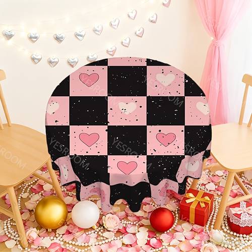 1pc heart checkered valentines day round tablecloth home decoration festive pattern wedding dining picnic decor pzvfx1231022