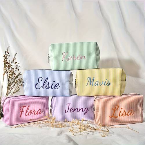 1 embroidered striped travel toiletry bag personalized cosmetic organizer zippered makeup pouch portable polyester storage case for travel school dorm or home