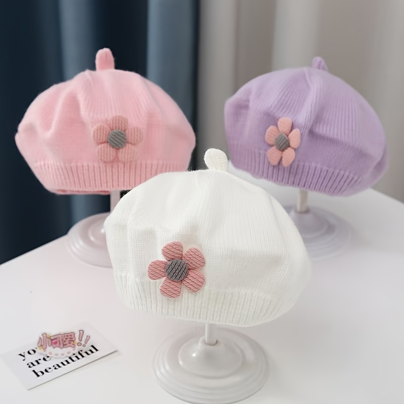 

1pc Cute Flower Knitted Beret, Painter Hat For Autumn And Winter Season, Christmas Thanksgiving Gift