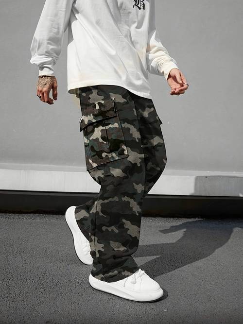 boys and teenagers fashionable casual streetwear camouflage cargo pants with large pockets and straight legs drawstring waist lightweight fabric suitable for outdoor activities school commuting sports shopping and vacations