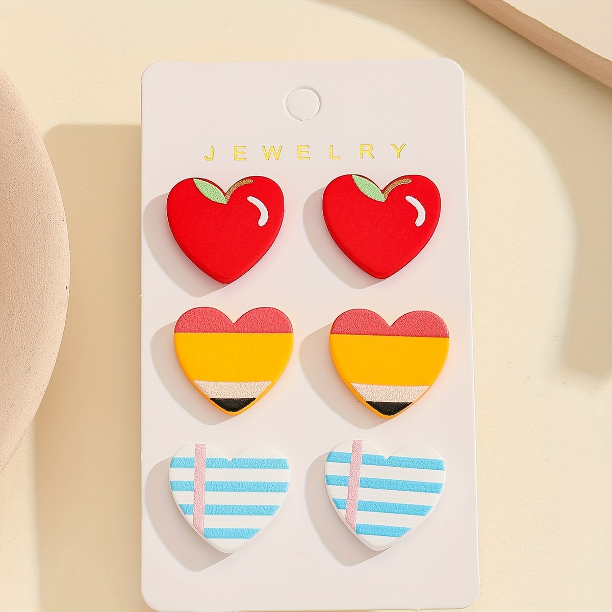 

3-in-1 Card Women's Ear Pencil Print Small Love Heart Ear Clay Texture Elegant Accessories Suitable For Daily Casual Parties And Gifts For Graduation And School Opening Season