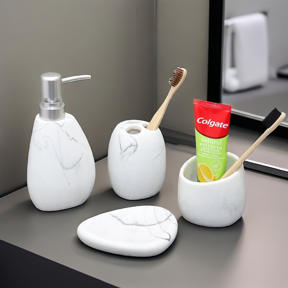 A 4pcs Bathroom Toiletries Set, Including a Mouthwash Cup, a Soap Dispenser, a Toothbrush Holder, And a Soap Dish, Available in Matte Black, White, Or Light Brown Bathroom Furniture Sets, Along with Decorative Accessory Sets