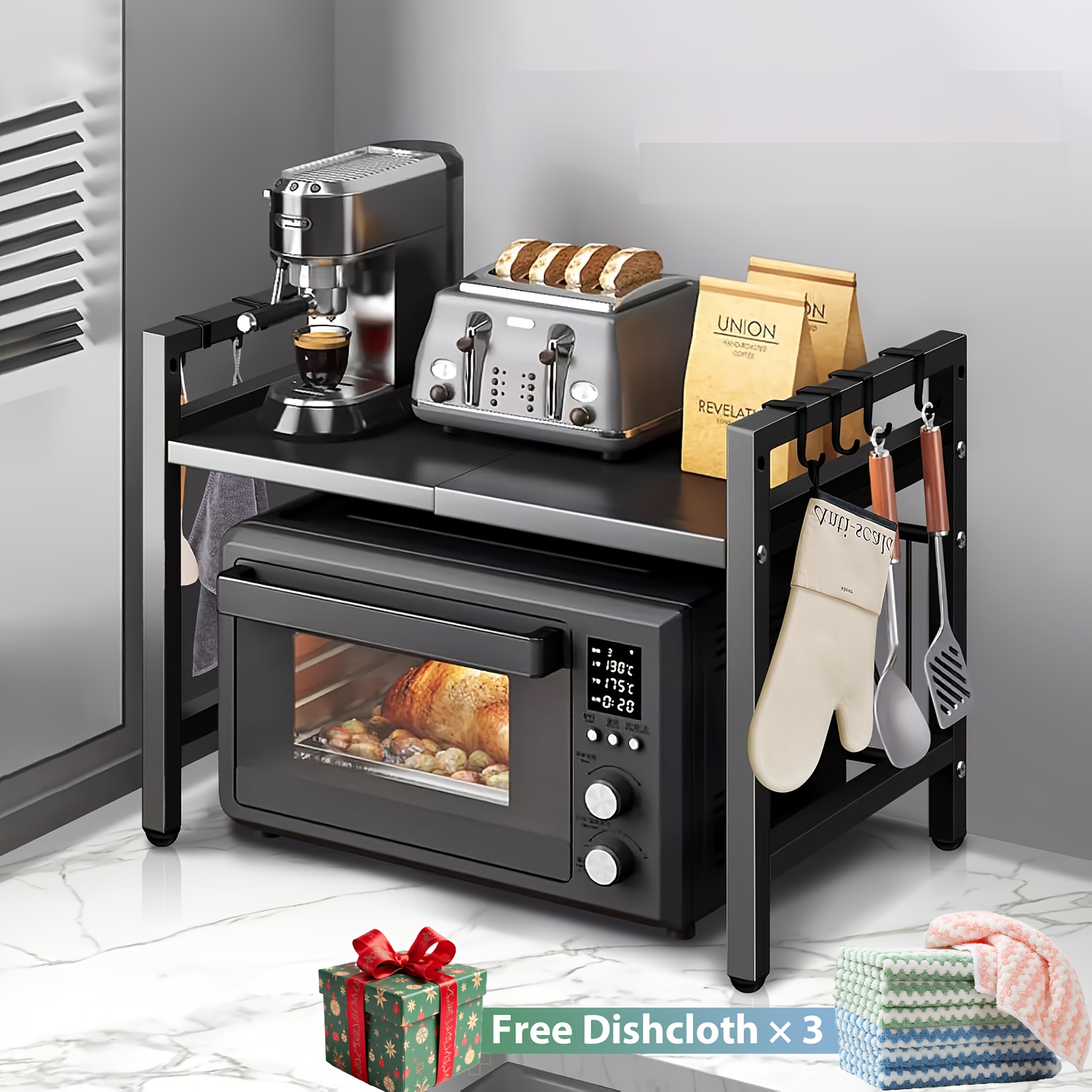 TEMU 2/3 Tier Expandable Microwave Oven Rack, Heavy Duty Kitchen Storage Shelf, Expandable 40-64cm, Includes 4 Hooks And 3 Cleaning Towels Space