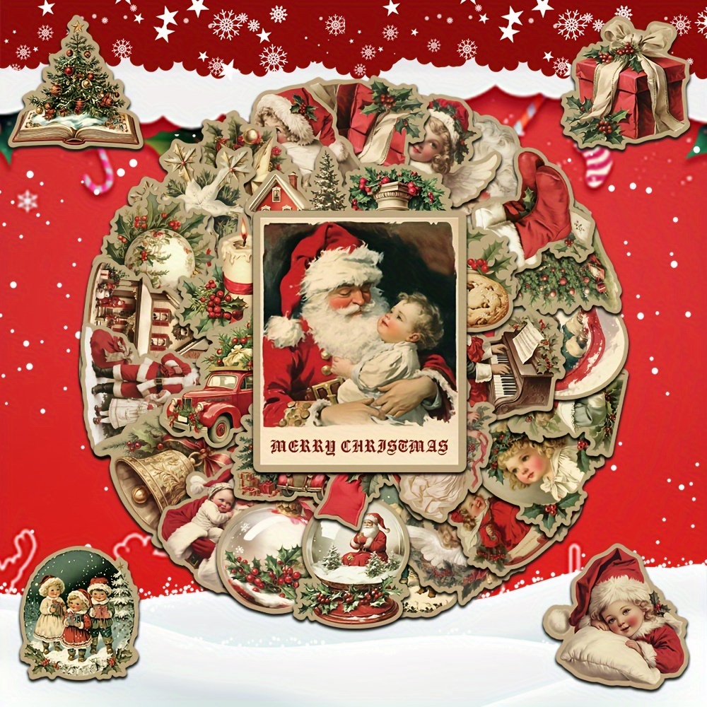 Image of 50pcs Retro Christmas Decorative Stickers For Laptop Tablet Refrigerator Diary Notebook Cell Phone Skateboard Bike Scooter Helmet Guitar Diy Water Bottles&suitcases Christmas Gift
