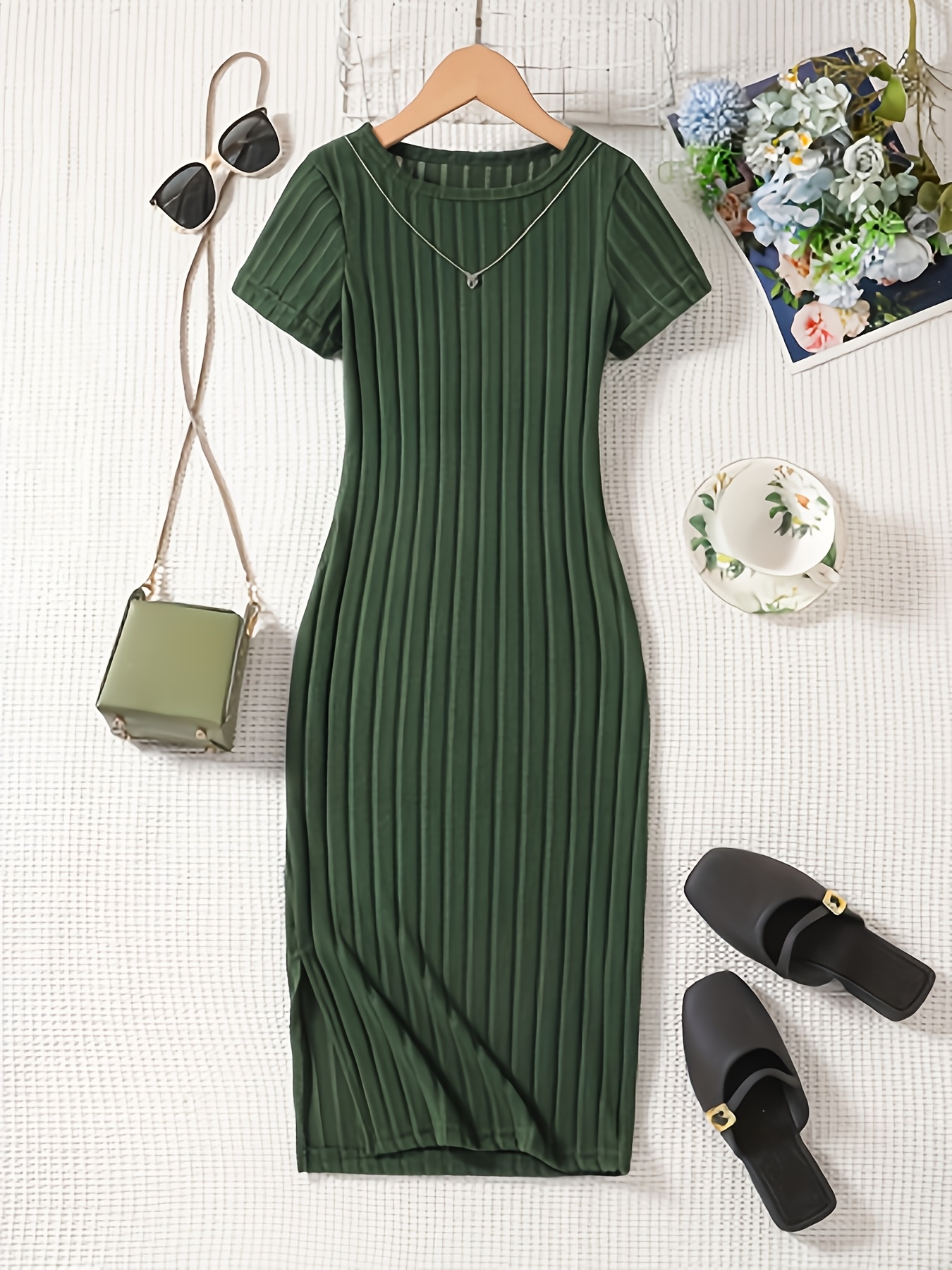 girls summer vintage dark green vertical stripe knit dress - Temu Oman