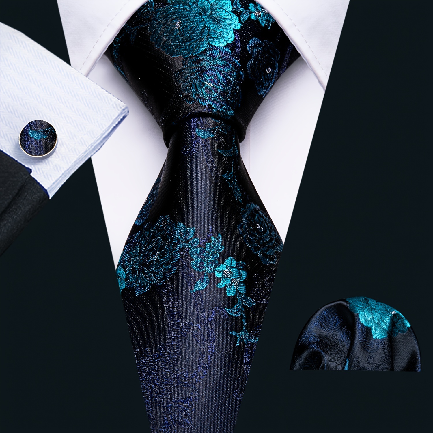 Men's Teal Jacquard Necktie With Matching Pocket Square & Cufflinks | Solid Color Business Dress Accessory, Elegant Formal Party Wedding Suit Tie For Professional Attire -