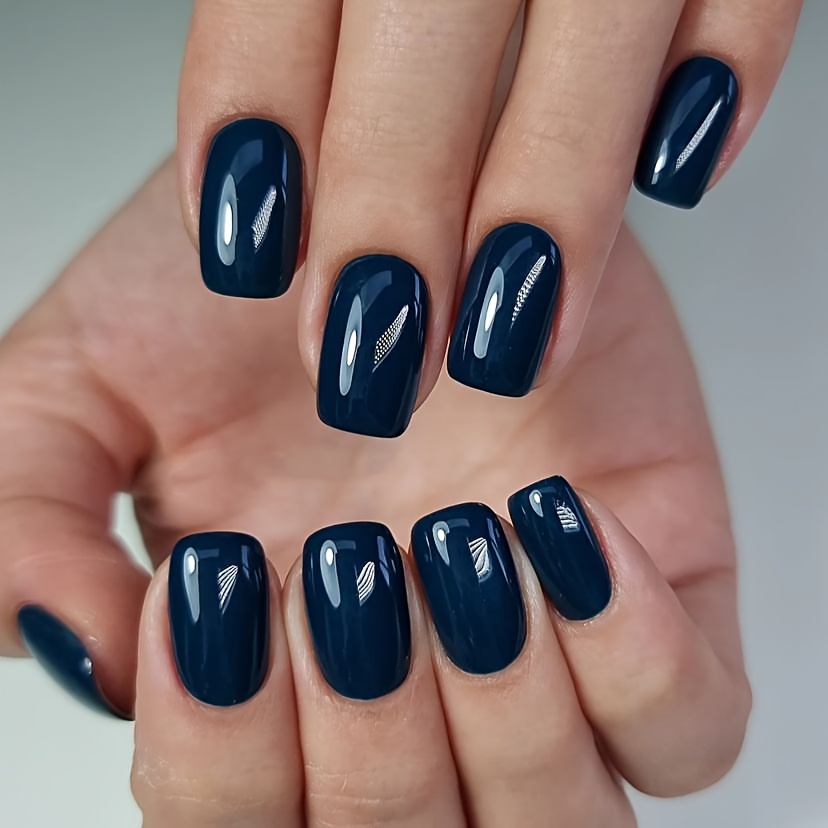 

24pcs Navy Blue French Short Square Press-on Nails, Simple Glossy Fake Nails With Jelly Glue And Buffer, Perfect For Daily Wear For Girls And Women