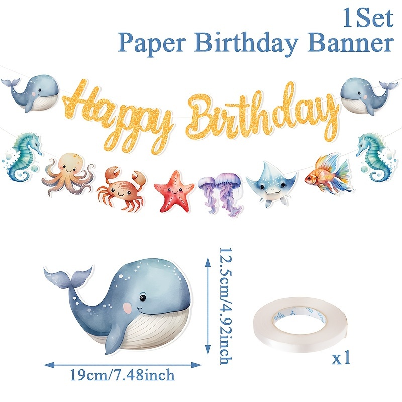 Ocean-themed Birthday Hanging Banner Featuring Marine Animals, Perfect For Party Decorations, Baby Showers, And First Birthday Celebrations