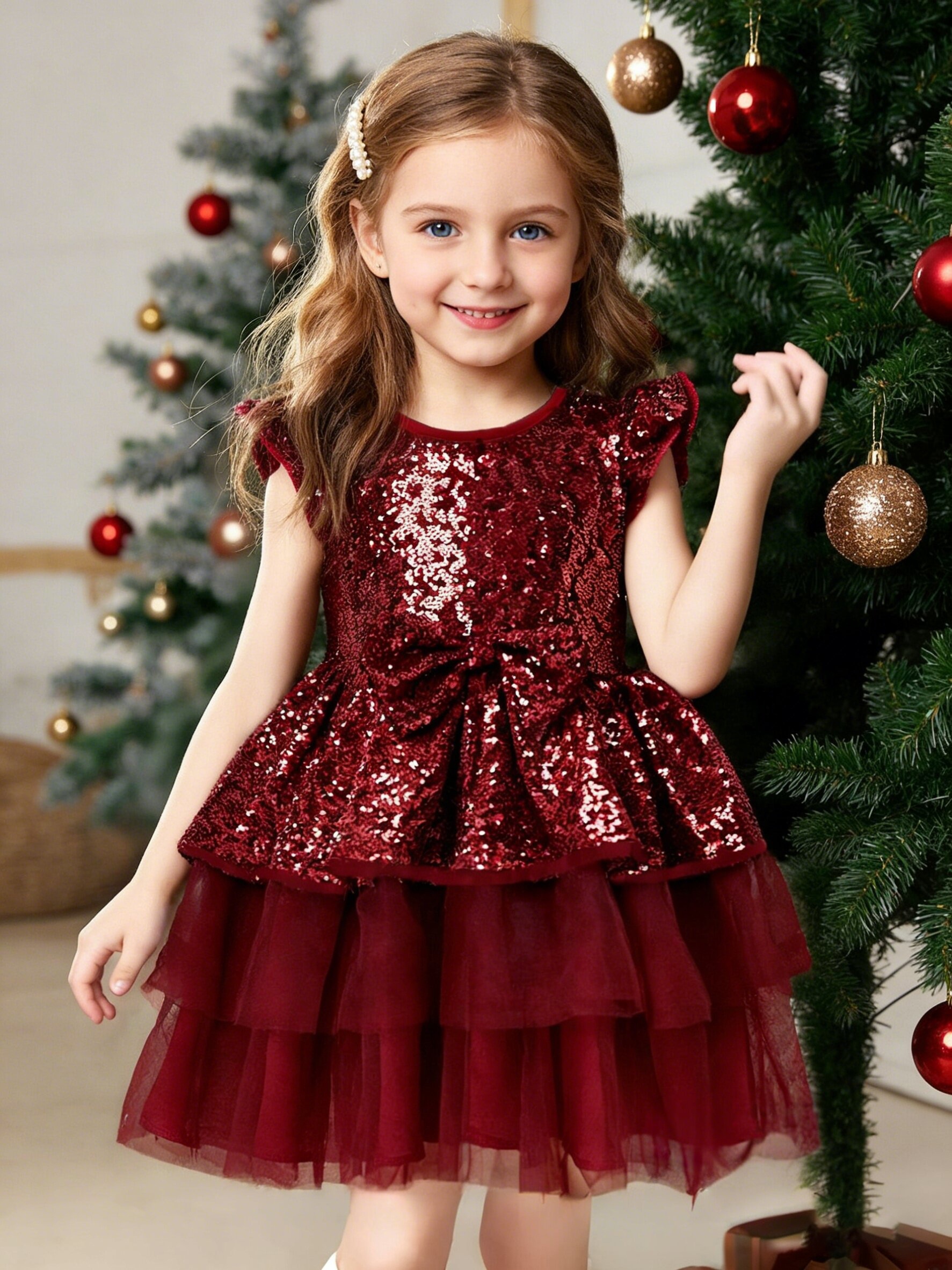 Ruffle Hem Sparkly Dress Girls Red Sequin Christmas Party Dress – Short Flutter Sleeves With Ruffle Hem, Special Occasion Holiday Dress