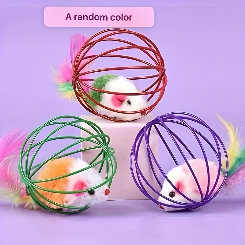 Fun Interactive Cat Toy With Tail - Artificial Feathers. Cage Mouse Teaser. Random Colors, Durable Fabric Materials, Cat Interactive Toys, Without Battery