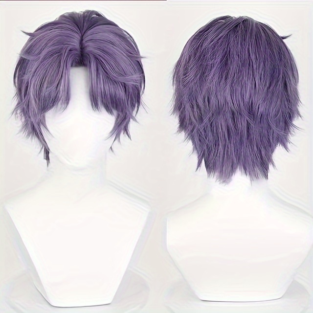 Stylish Purple Short Straight Wig for Men - Heat Resistant, Middle Part, Fluffy Synthetic Hair for Anime & Cosplay details 0