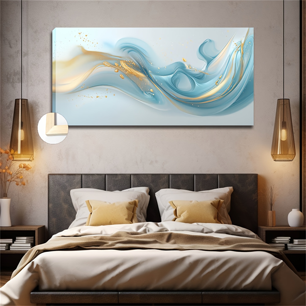 TEMU Large Framed Minimalist Abstract Wall Art - Blue And Golden Flowing Lines With Color Blocks, 20x40 Inches, Bedroom, Dining Room, Study, Kitchen,