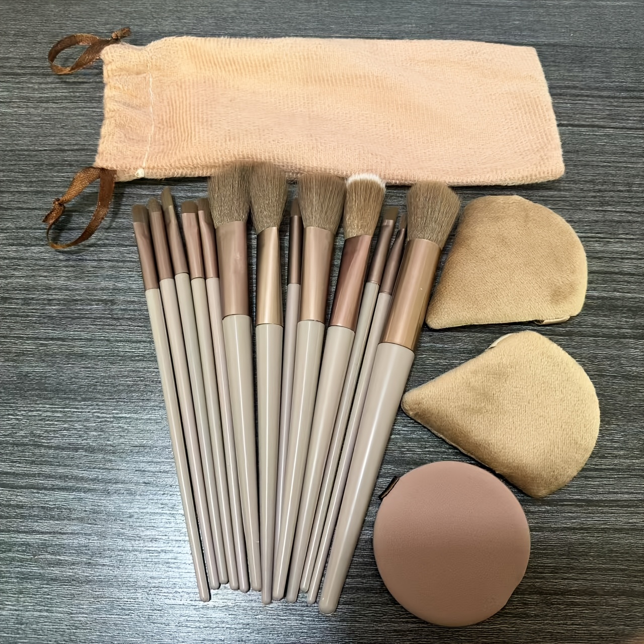 TEMU Complete 17pcs Makeup Brush Set, Including 13 Brown Makeup Brushes, 2 Triangular Sponges, 1 Round Sponge, And 1 Storage Pouch. This Full Set