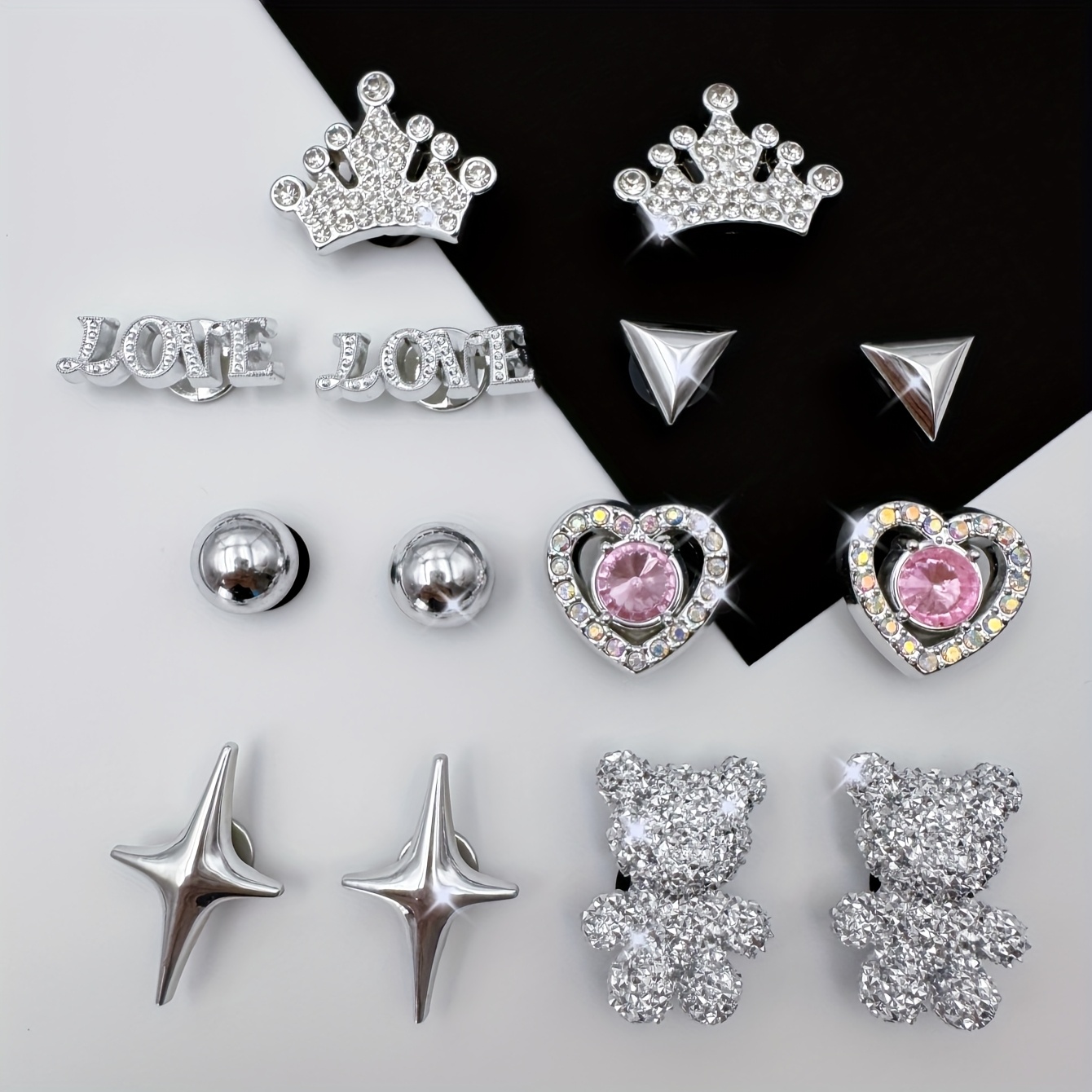 Image of 14pcs Silvery Shiny Starburst Shoe Charms Bear Rhinestone Crown Detachable Multi-functional Clips For Women's Sandals And Slippers, Perfect Christmas Birthday Party Gift