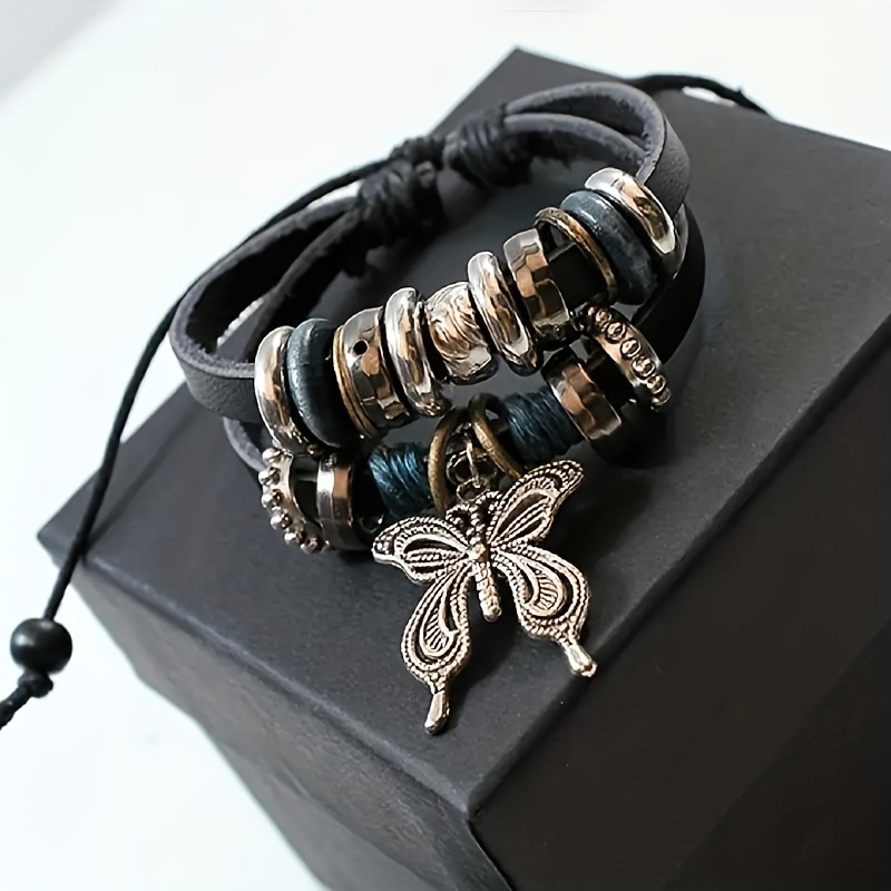 

Pu Leather Bracelet Leather Rope Beaded Hand Jewelry, Butterfly Love Braided Wooden Beads, Hand String Bracelet