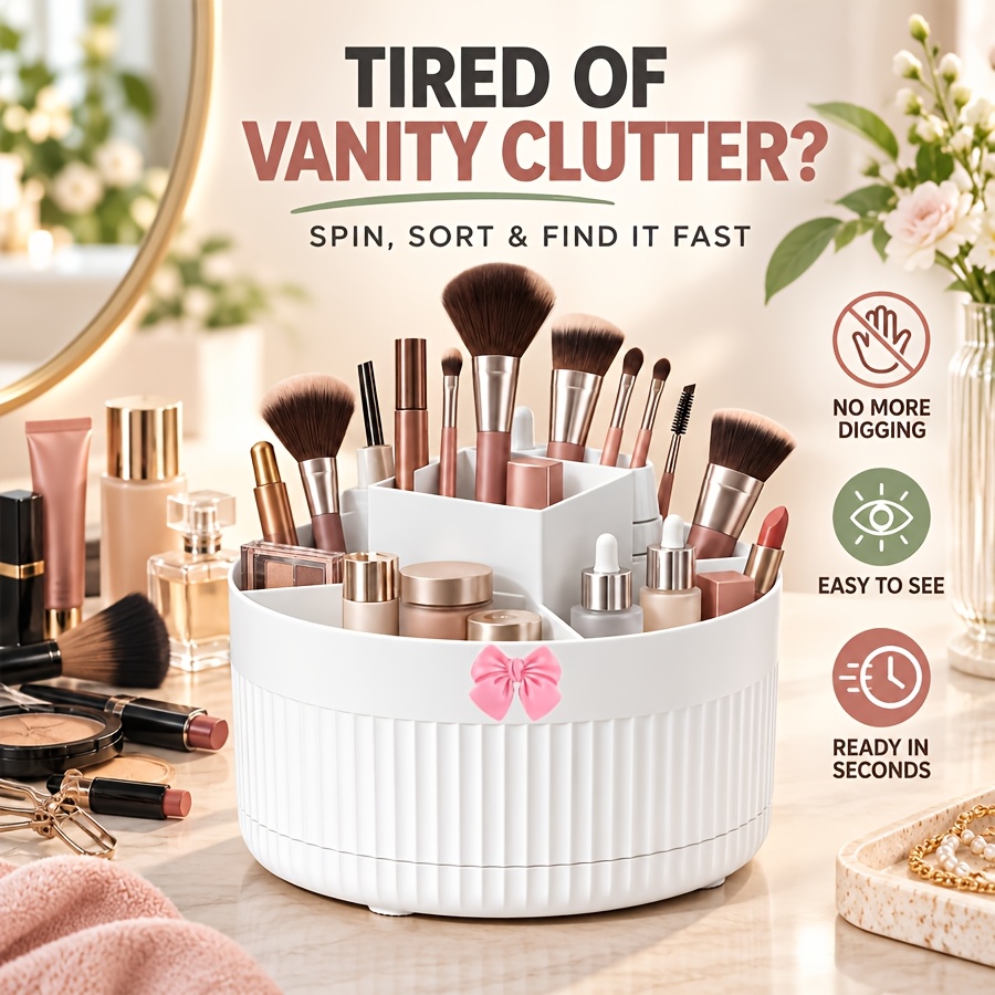 TEMU 2pcs Set: 5-compartment Rotating Makeup Organizer With Bow, 360° Rotating Cosmetic Storage Box, Multi-compartment Revolving Cosmetic Rack, Large