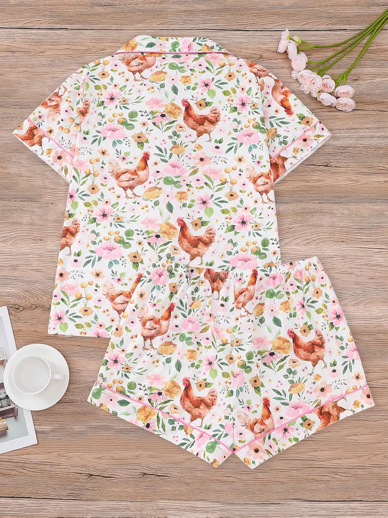 2pcs colorful country style rooster print womens pajama set short sleeve shirt with collar button and loose elastic shorts beautiful and fashionable daily wear holiday costume casual outdoor home comfortable womens pajamas and loungewear Product details 1