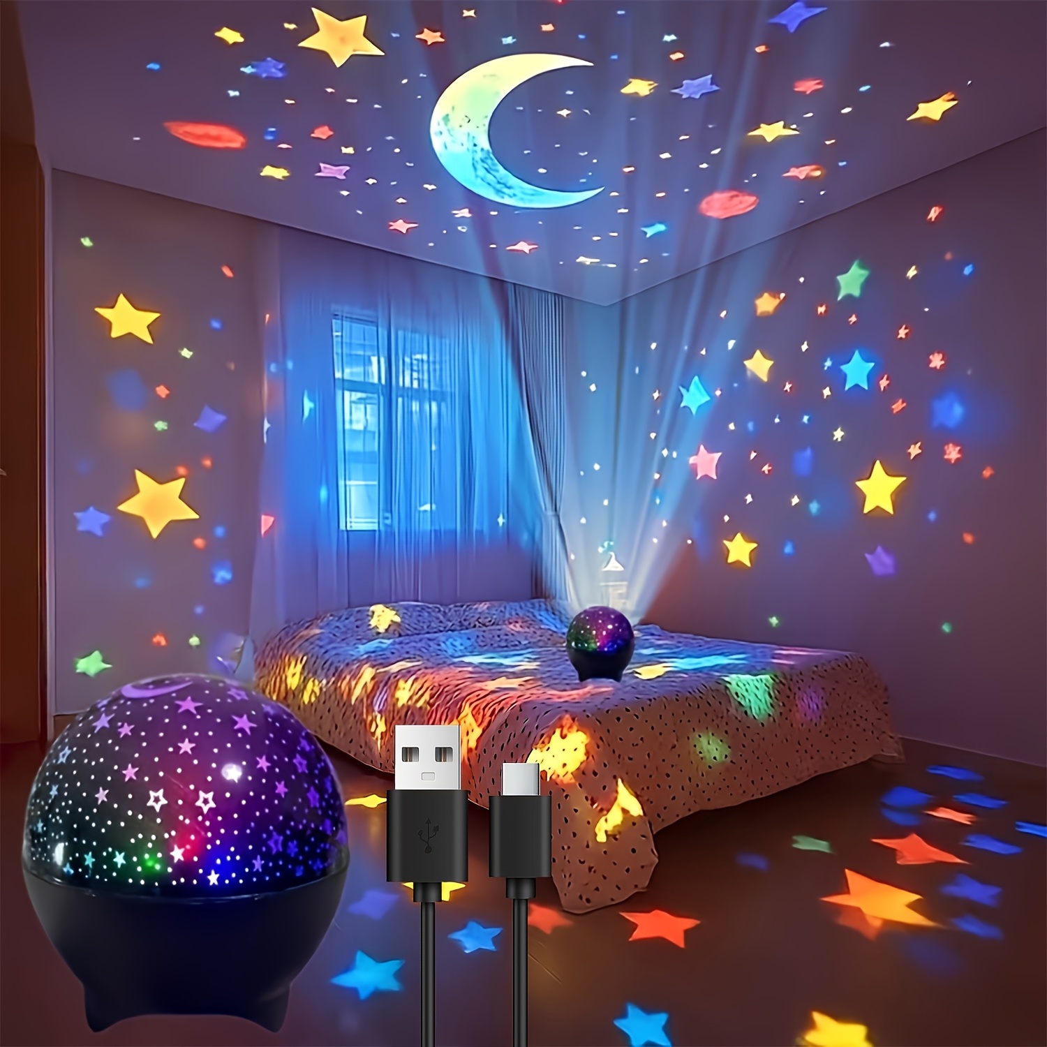 star projection lamp 360 degree rotating stars and moon atmosphere lamp usb powered bedroom night light birthday party camping new year gift