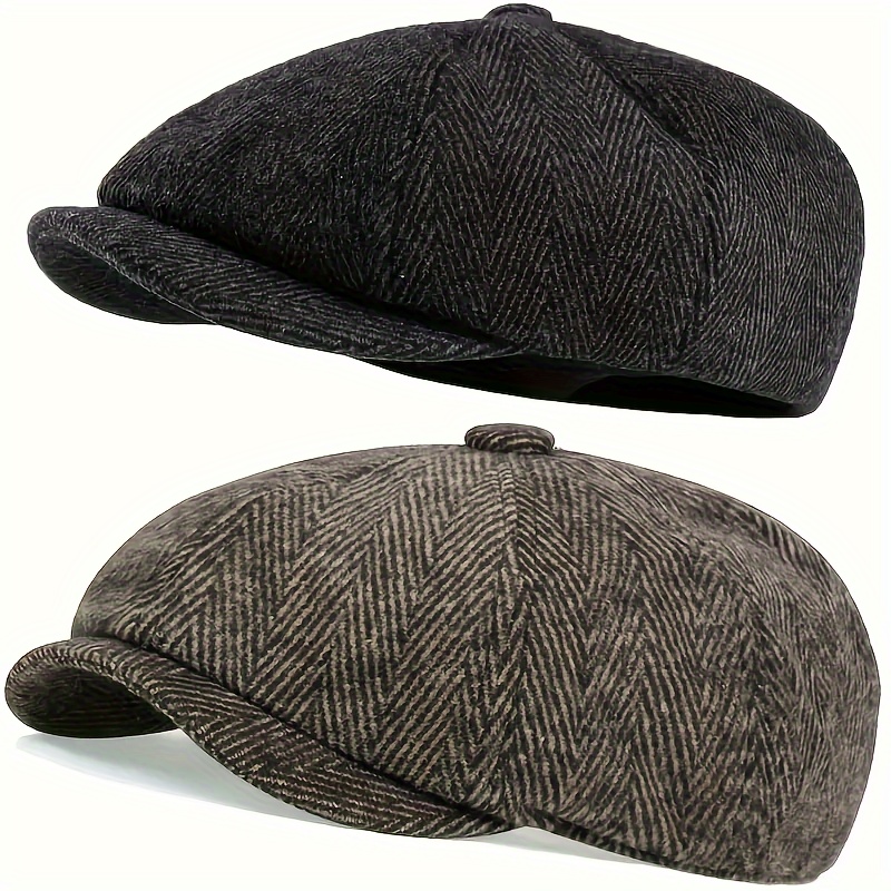 

Lot de 2 Casquettes Newsboy Vintage à Motif Chevrons - Style pour , Noir & Marron Foncé, Design Tissé en Polyester