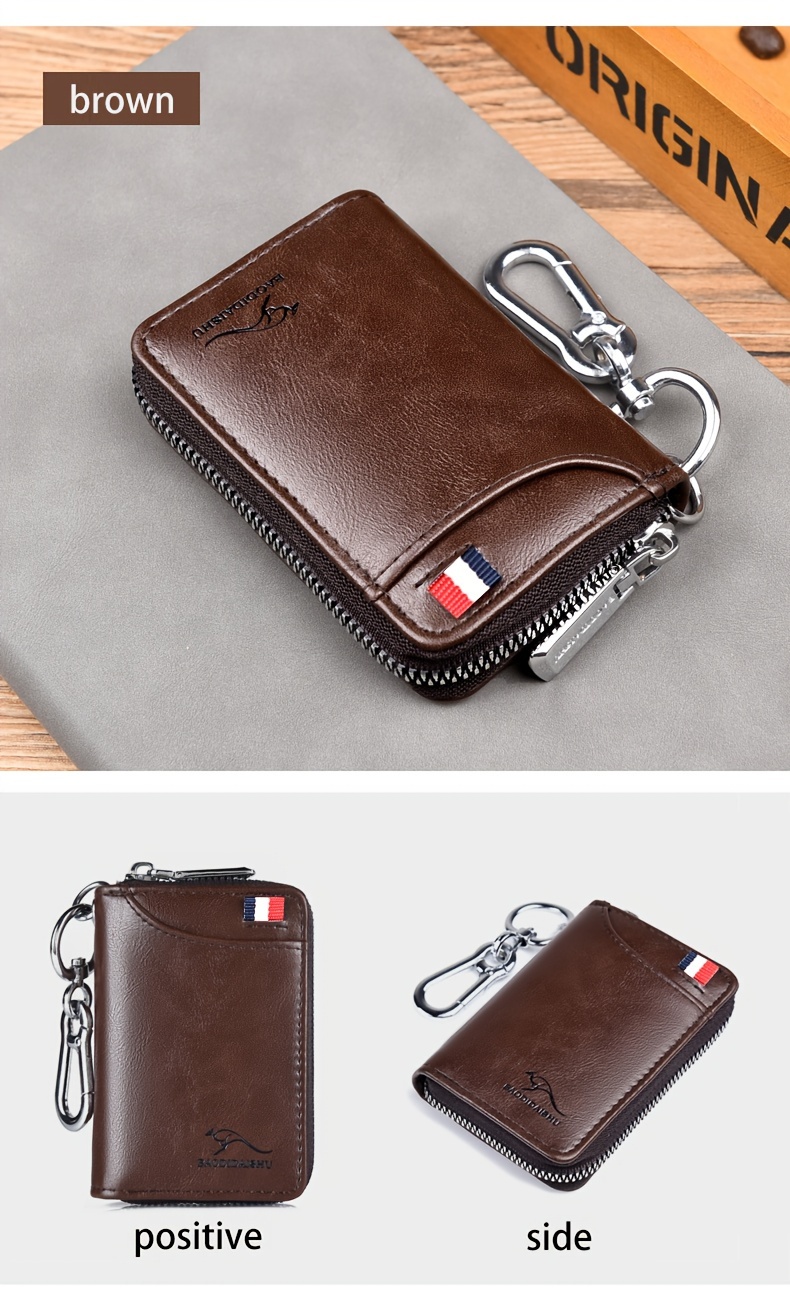 mens casual leather key case with coin pouch multiple card