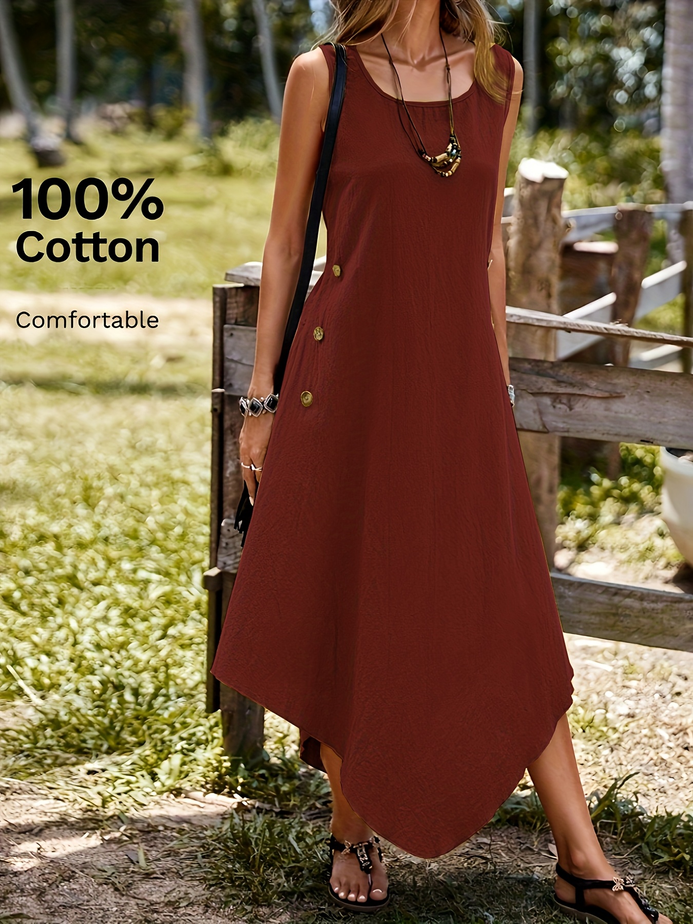 γυναικείο αμάνικο μίντι φόρεμα - κομψό καλοκαιρινό φόρεμα με στρογγυλή λαιμόκοψη και λεπτομέρειες με κουμπιά, ανοιχτό γκρι casual στυλ για casual ντύσιμο, άνετη εφαρμογή, casual καλοκαιρινή ενδυμασία | κομψό αμάνικο φόρεμα | φόρεμα άνετης εφαρμογής Στοιχεία είδους 5