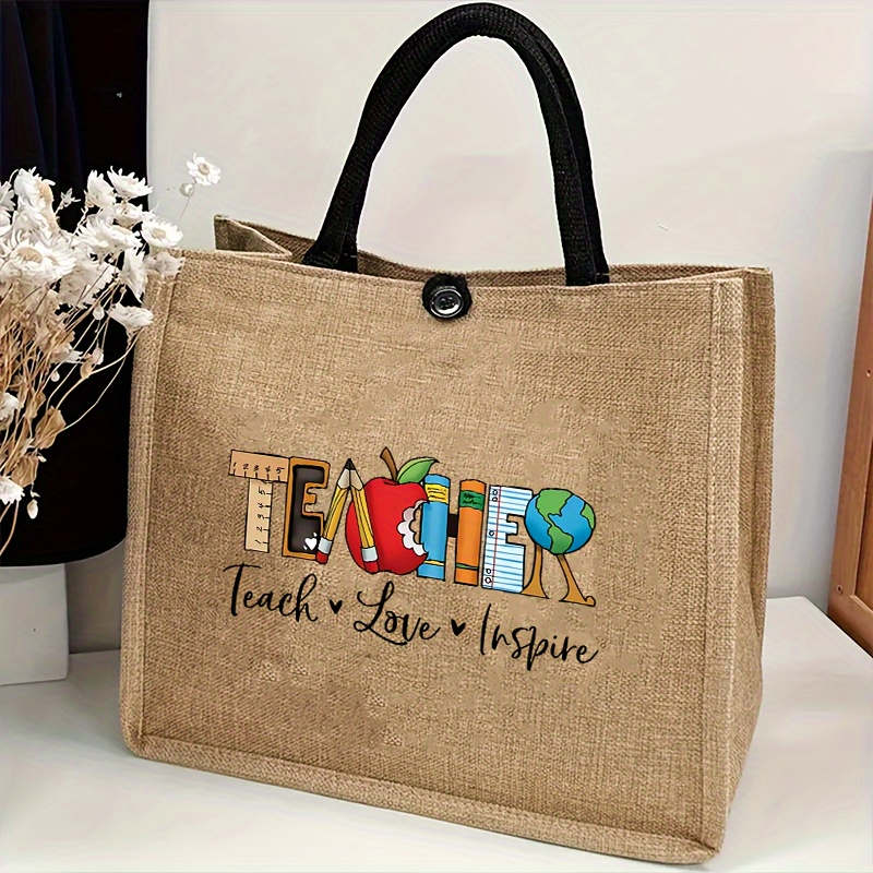 teachers canvas tote bag   string pattern beige durable fabric polyester lining random print with fixed straps and snap closure perfect gift for   ideal for shopping and outdoor travel