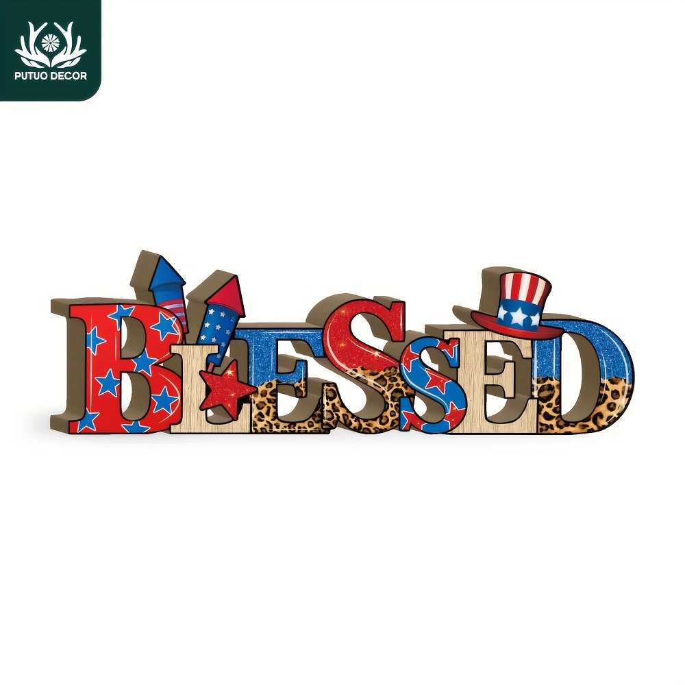 

1pc Blessed Shaped Wooden Table Decor, Desktop Decoration For Home Farmhouse Coffee Shop Cafe Office Man Cave, Independence Day 4th Of July Gift