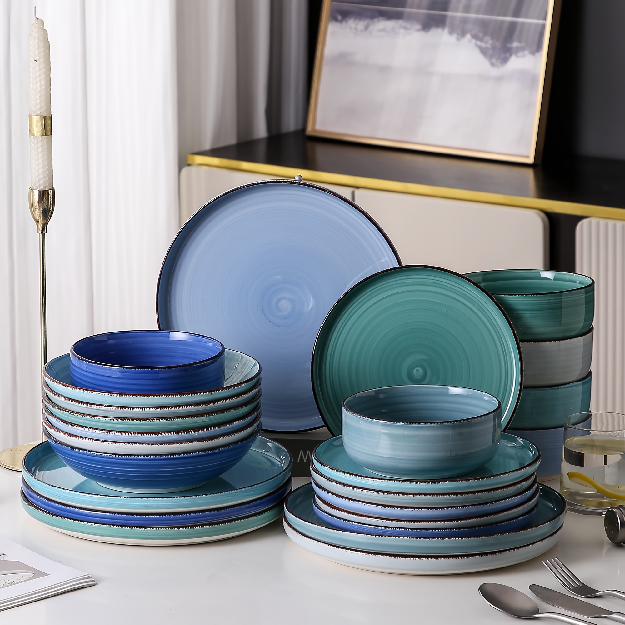 TEMU 24pcs Dinner Set, Handpainted Swirls Dinner Sets For 6 People, 24pcs Plates And Bowls Set, Dinner Plates, Dessert Plates, Pasta Bowls And Cereal