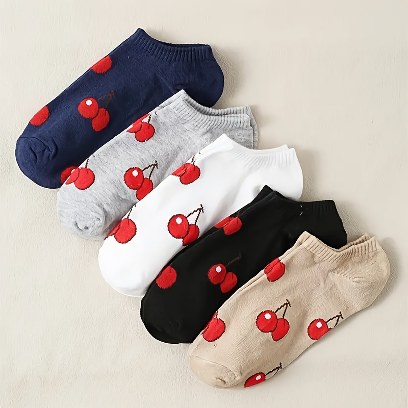 E-shop 5 Paar Damen Knöchelsocken - Niedliches Kirschdruck-Design, Verschiedene Farben & Muster, Weiches Atmungsaktives Gewebe, Maschinenwaschbar für
