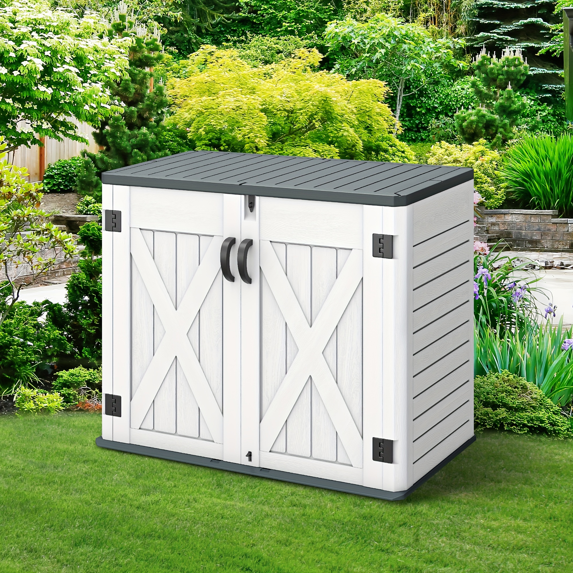 

Homiflex Outdoor Horizontal Storage Shed With X-shaped Lockable Door, 35 Cu Ft Weather Resistant Resin Tool Shed W/o Shelf, Ideal For Bike, Trash Cans, Garden Tools, Lawn Mowers, Light Gray