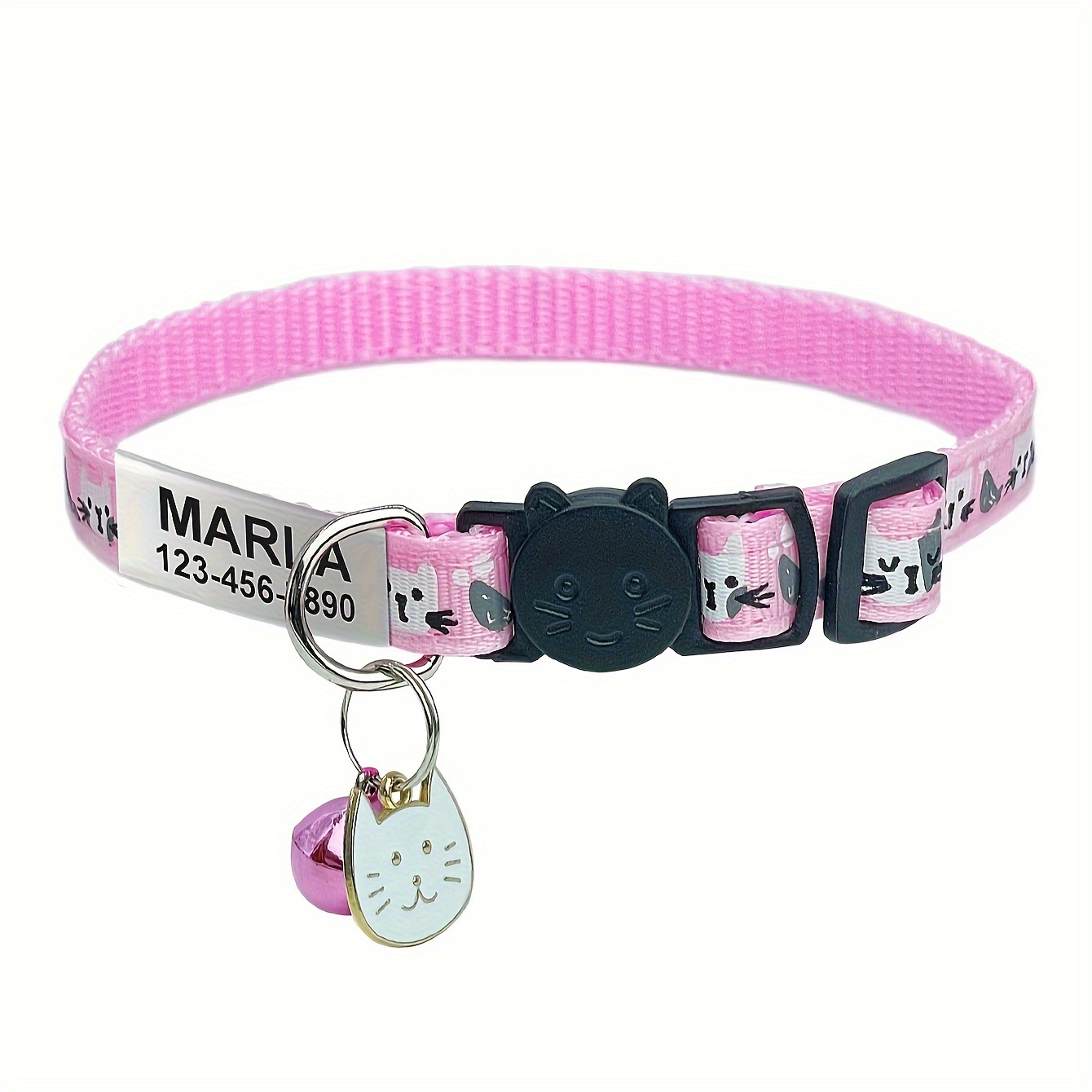TEMU Collar de Gato de Dibujos Animados Personalizado con Hebilla de Seguridad, Campana y Colgante - Placa de Identificación Grabada para Perros