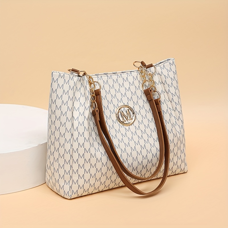 Elegant Women's Handbag With Strap And "m" Letter Patch - Faux Leather Shoulder Bag, Light Brown/white/black, Pattern, Zipper Closure, Lining