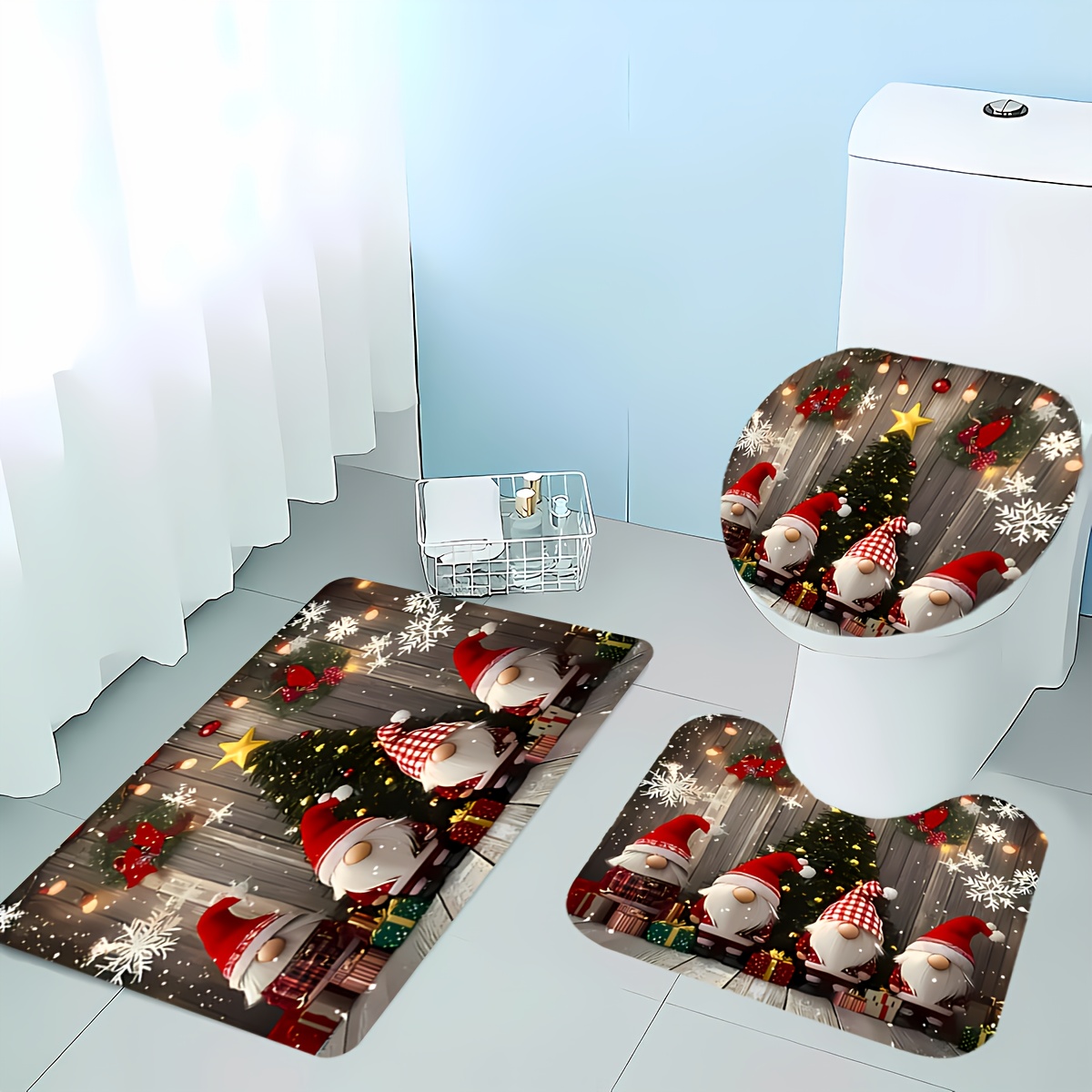 TEMU 3-teiliges Weihnachts-Winter-Badematten-Set mit Wichtel- Schneemann-Design – Aus hochwertigem Flanell, weich, bequem waschbar, für